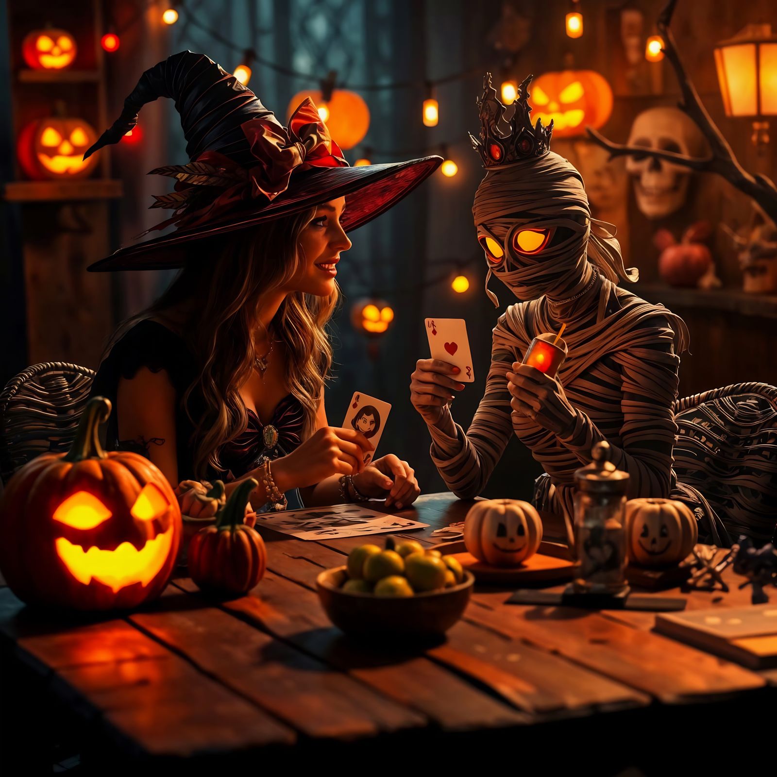 Halloween Game Night: Fantasy Witches Play Cards