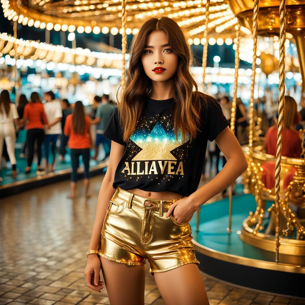 Young Model on a Golden Carousel Ride