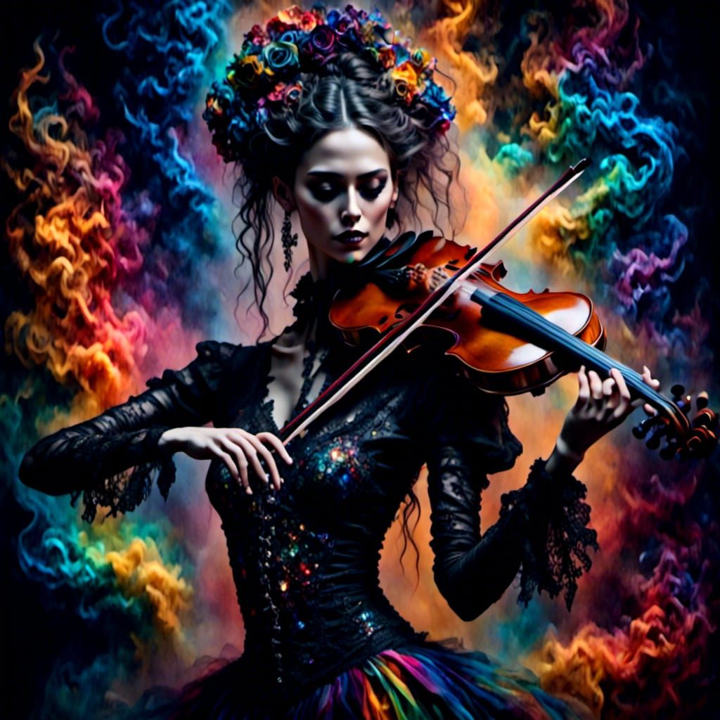 Rainbow Violin with Fractal Background in Vivid Colors