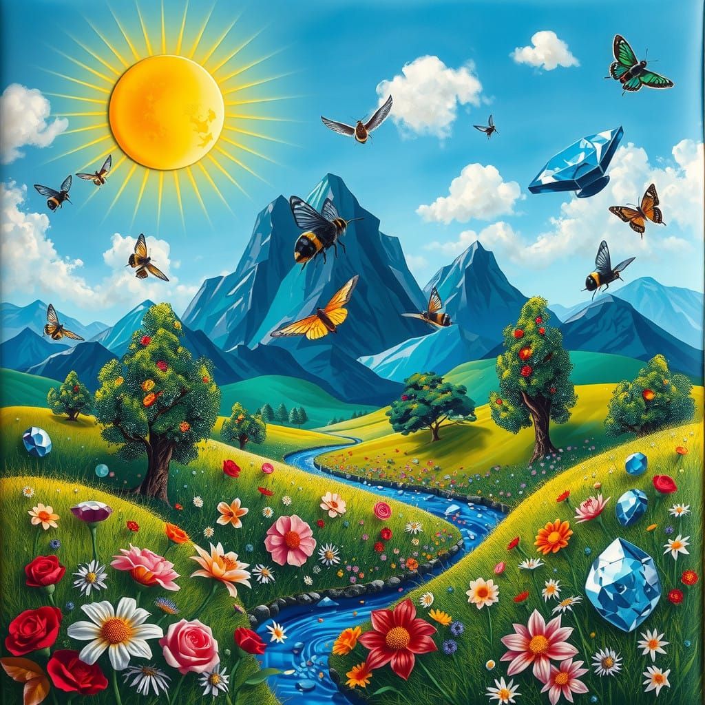 Surreal Landscape of Vibrant Gemstones in Sunset Colors