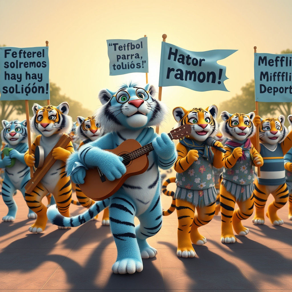 Anthropomorphic Blue Tigers Parade in a Surreal Plaza