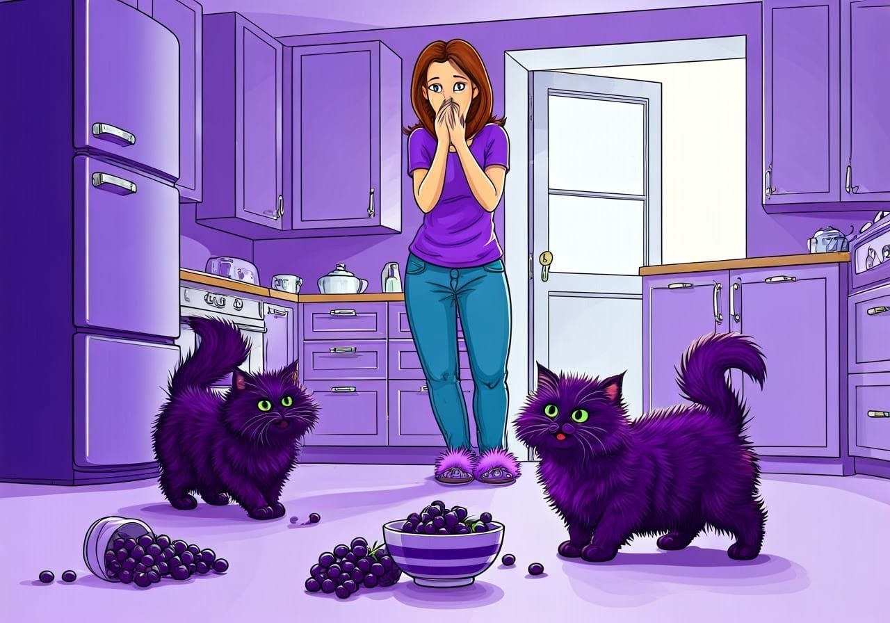 Whimsical Cats Play with Grapes in a Lavender Kitchen