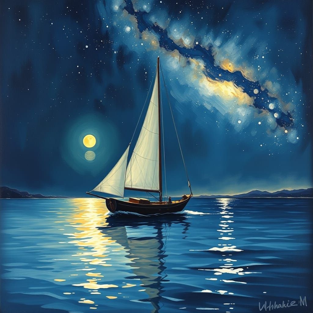 Sailboat on Calm Waters Under Moonlit Sky