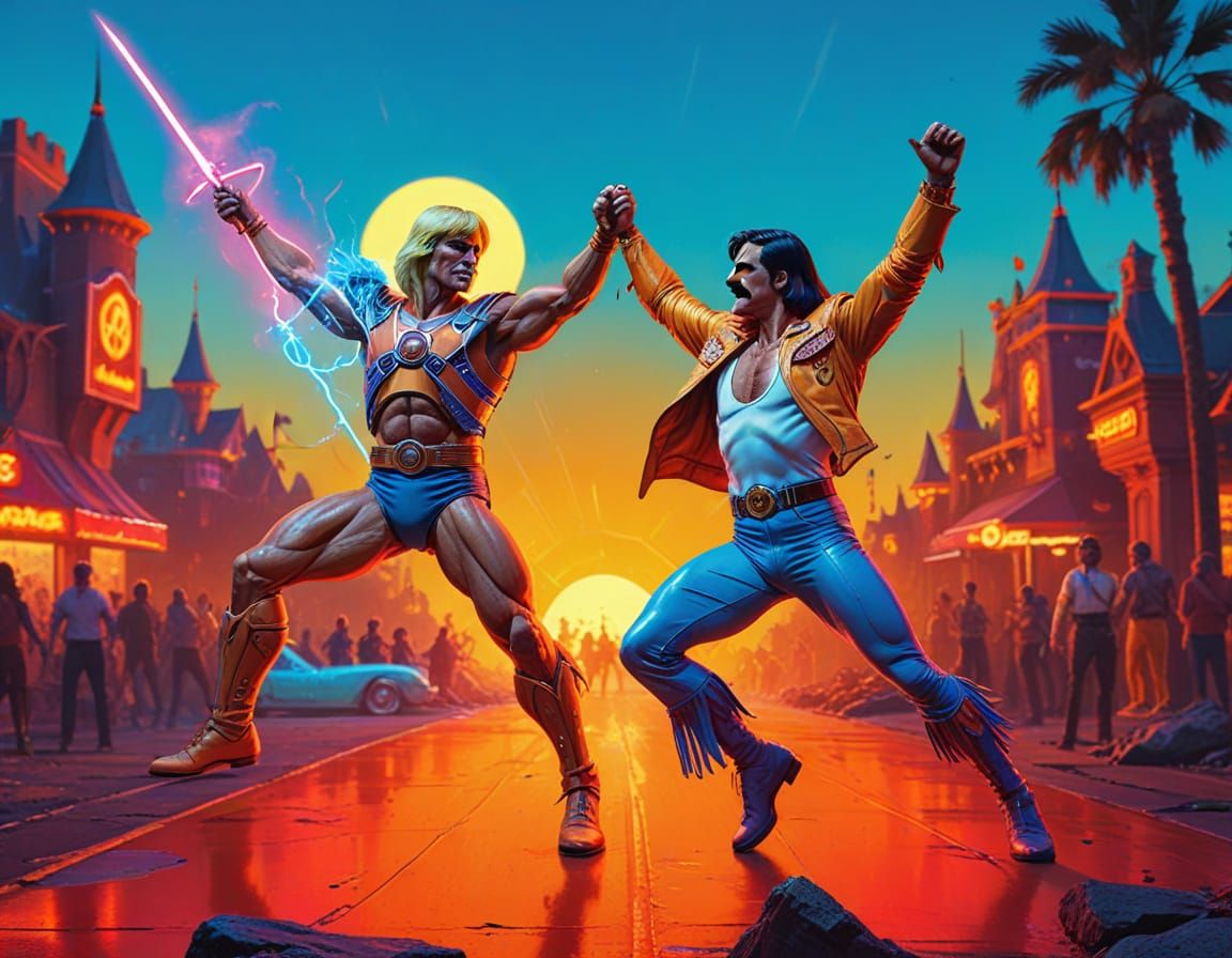 He-Man and Freddie Mercury Dancing: Vibrant Digital Art