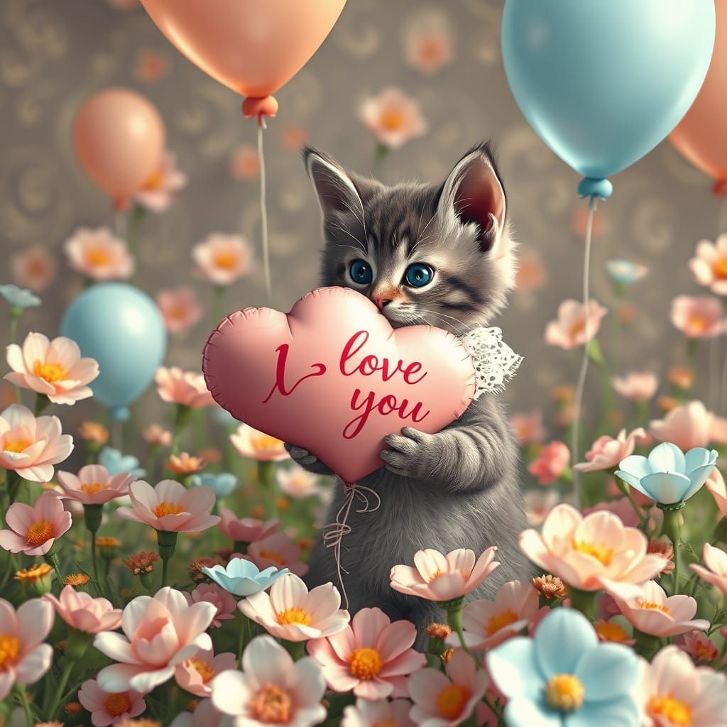 Whimsical Kitten Surrounded by Pastel Hues and Lush Flowers