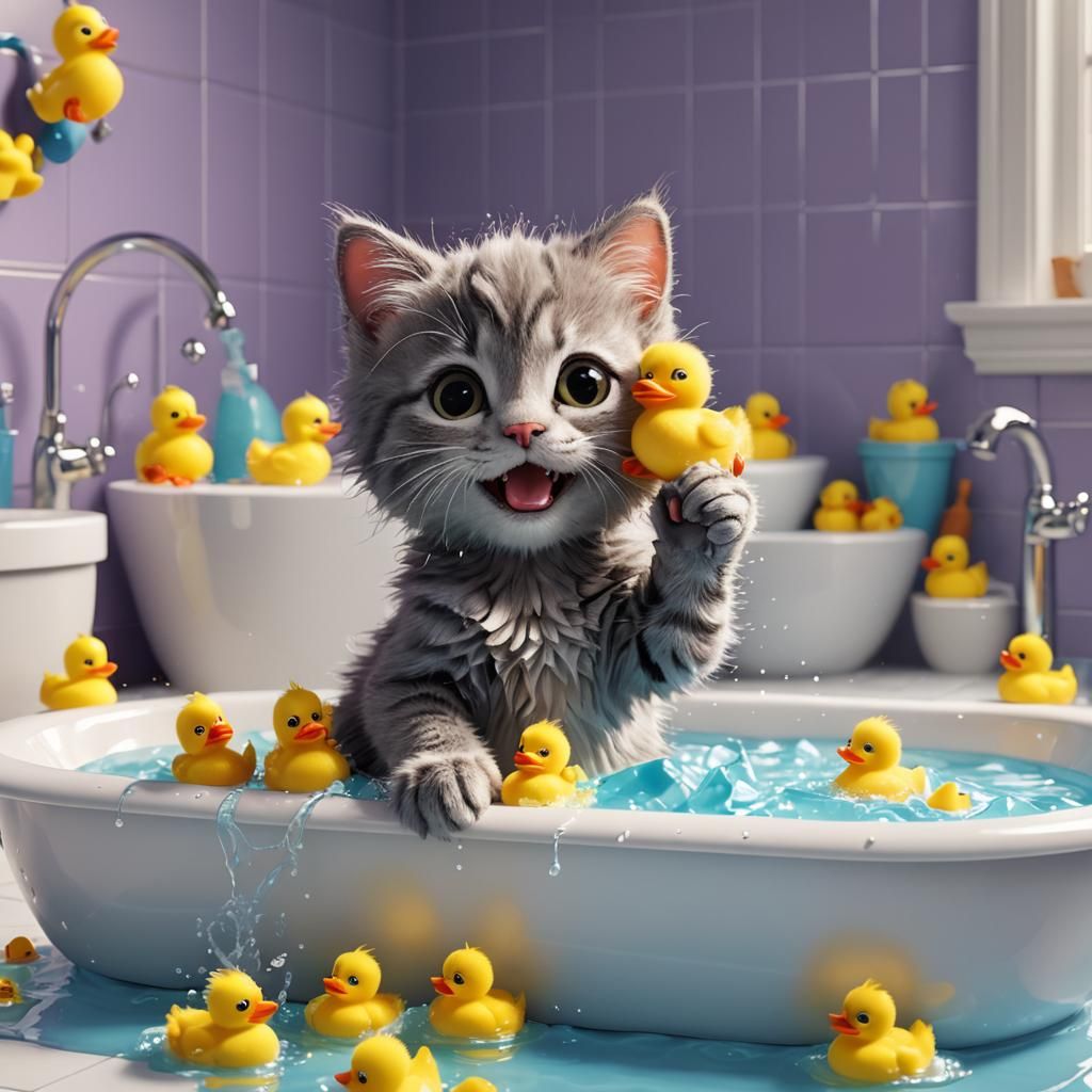 Kitten's Bath Time with Rubber Duckies: 3D Digital Art