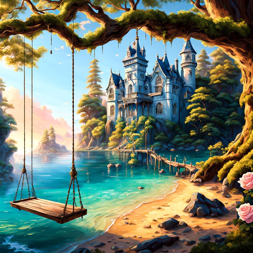 Turquoise Wooden Swing Over Tranquil Waters in Whimsical Vic...