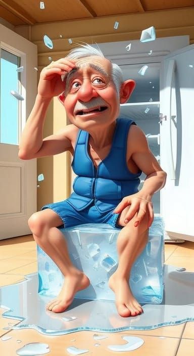 Cartoon Old Man Melts in Summer Heat