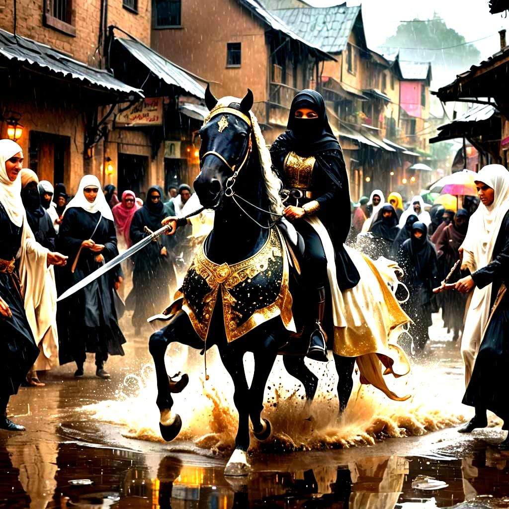 Girl on Horseback in Stormy Village: Fantasy Art