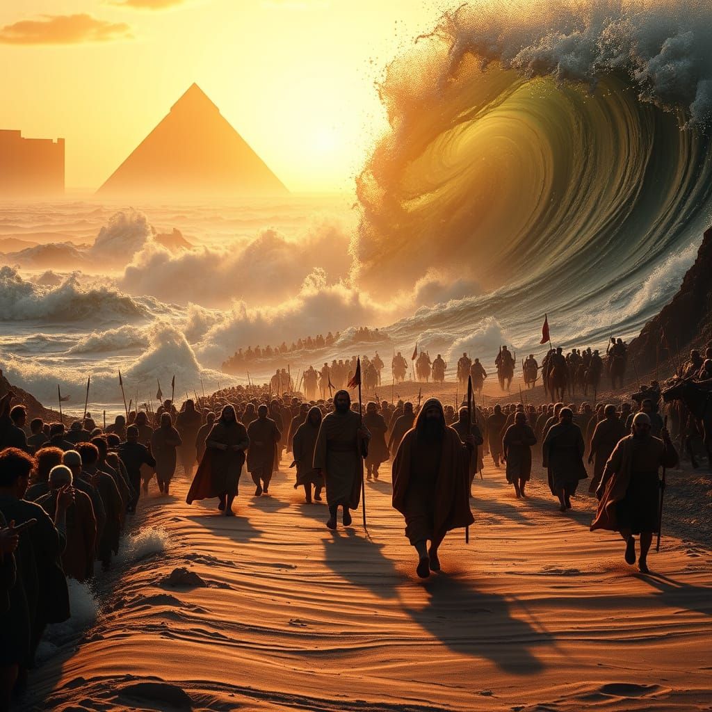 Moses Leads Hebrew Refugees Across Parting Red Sea