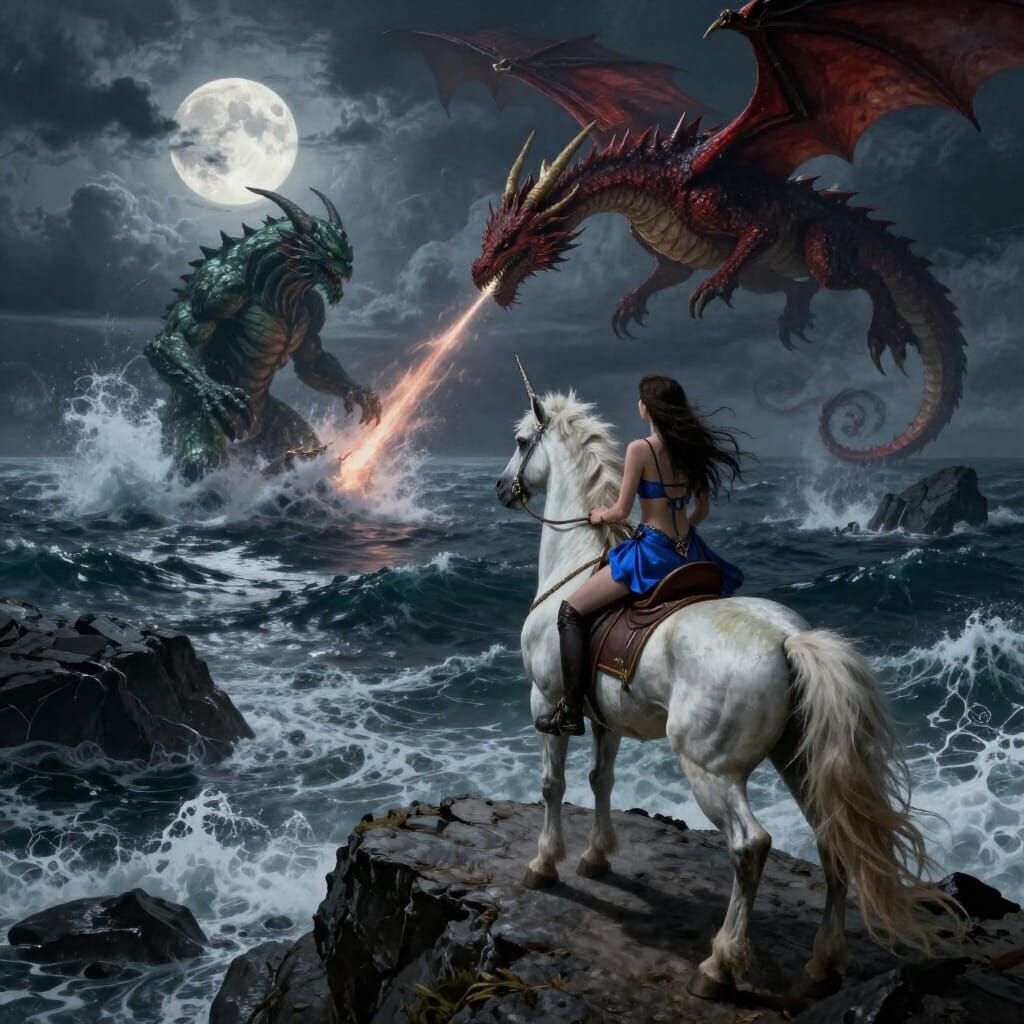 Sorcress Rides Unicorn Above Sea Battle of Dragon and Monste...