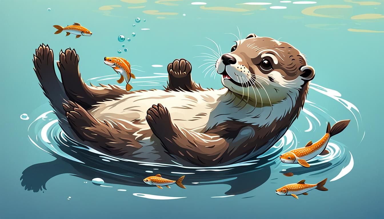 Playful Otter Floats and Eats Fish in Calm Water