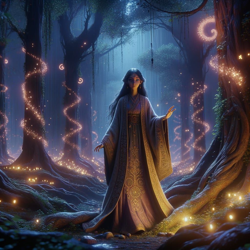 Enchanted Sorceress of South Asian Descent in Mystical Fores...