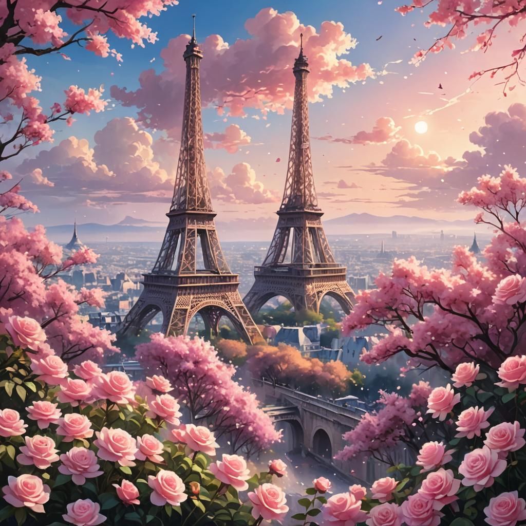 Eiffel Tower in Anime Style with Pink Flowers