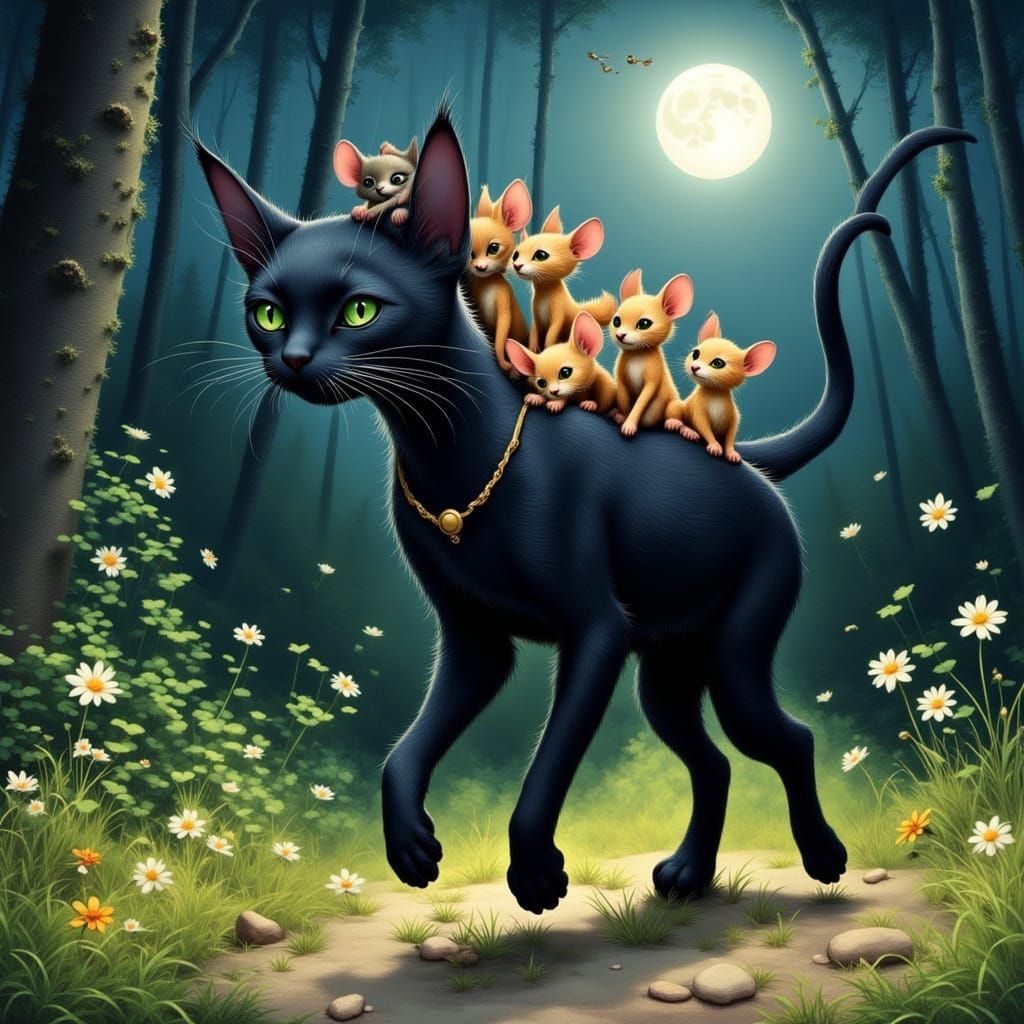 Mice Ride Black Cat in Moonlit Forest