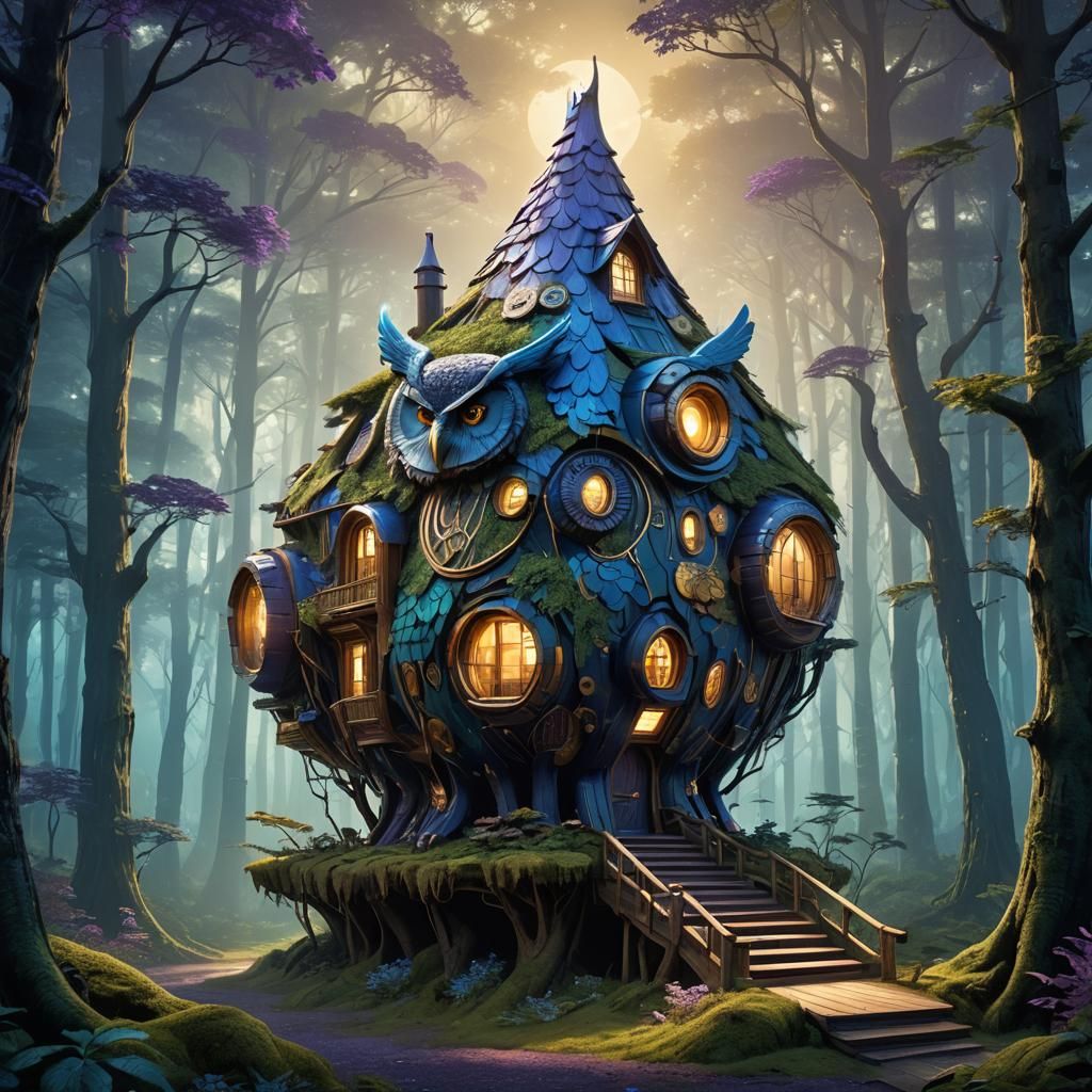 Futuristic Owl House in Eerie Forest: Fantasy Concept Art