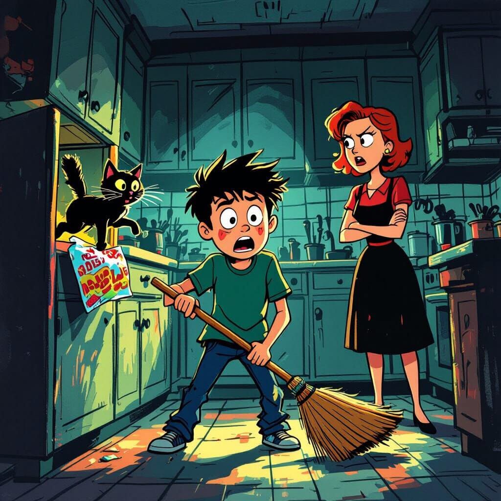 Comedic Kitchen Catastrophe in Cartoon Style