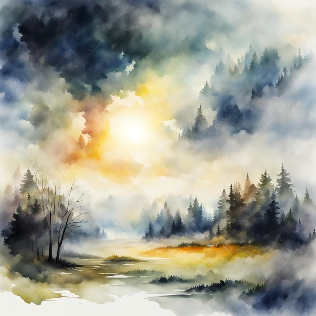 Watercolor Fogscape with Divine Light