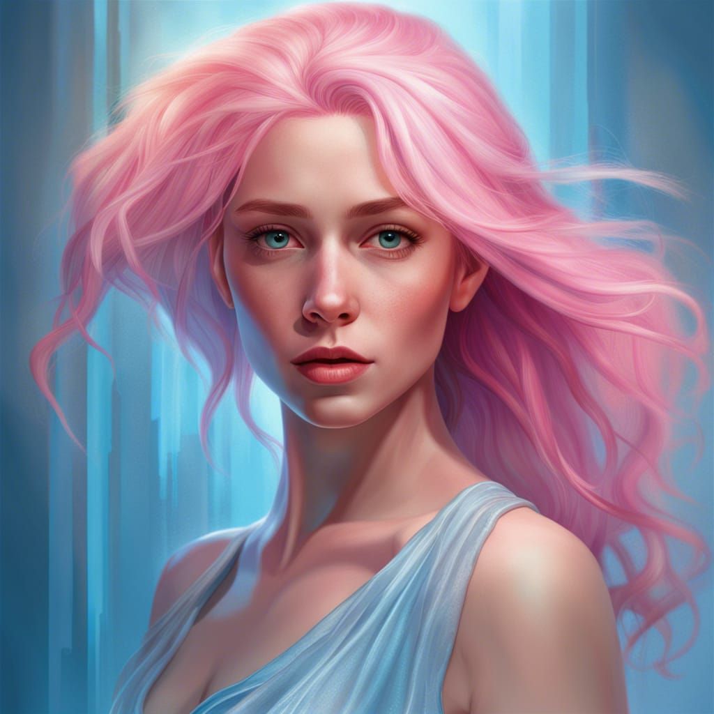 Pink-Haired Woman in Blue Gown: Hyperrealistic Portrait