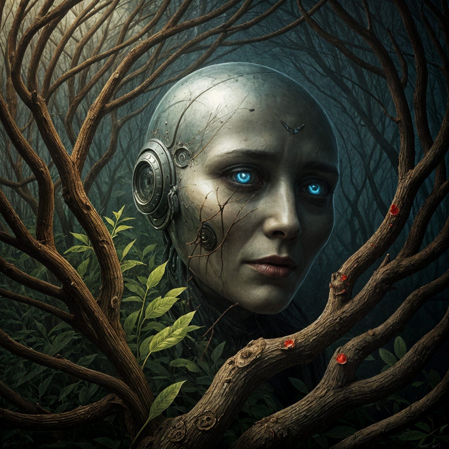 Surreal Translucent Mecha in Haunted Greenhouse