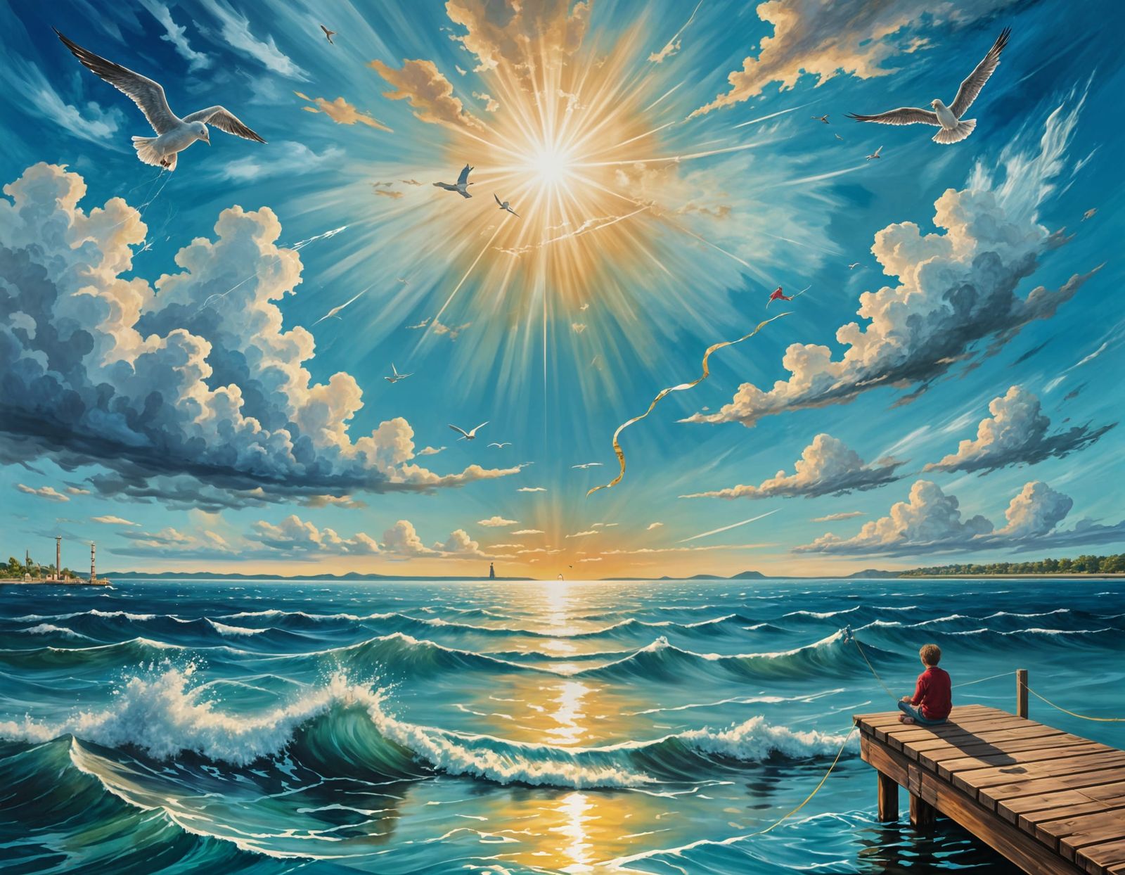 Hopeful Boy Flying a Kite on a Dock