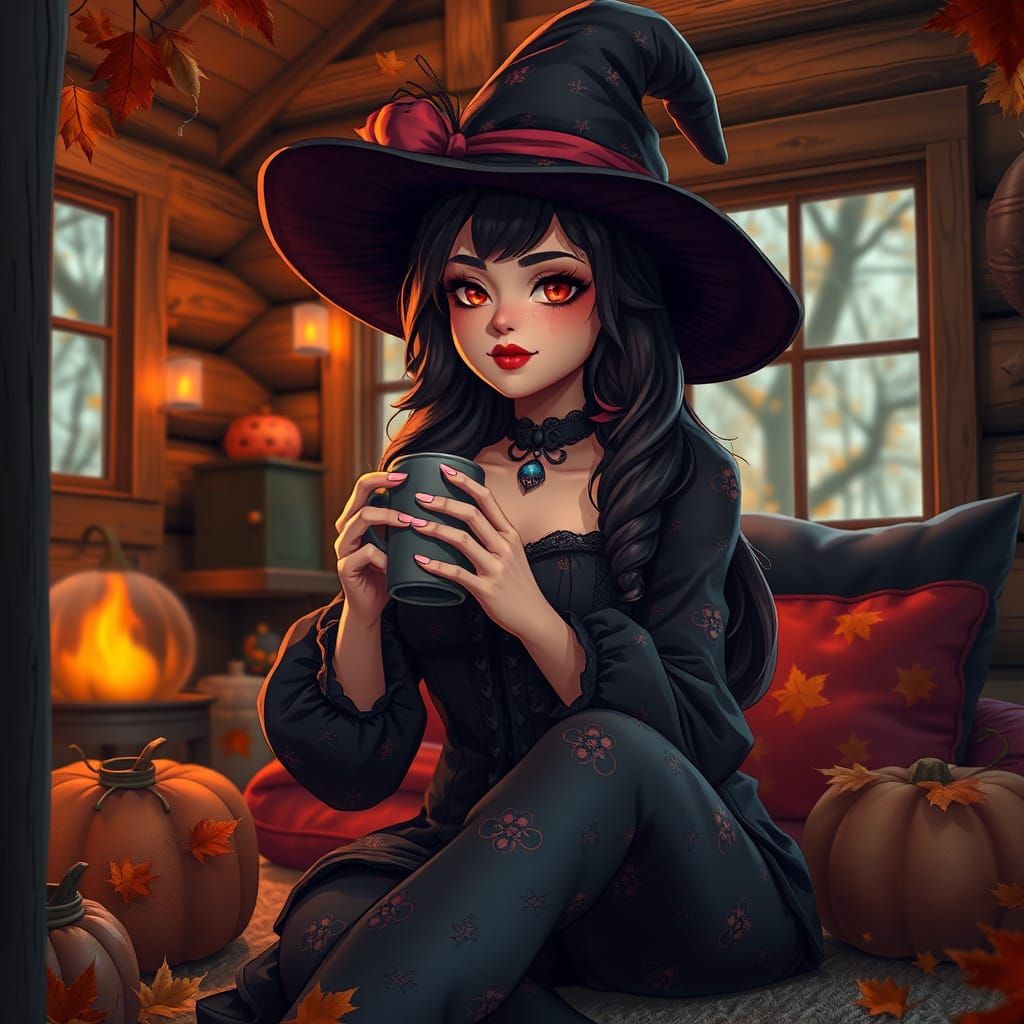 Mexican Halloween Witch Sipping Coffee: 3D Anime Art
