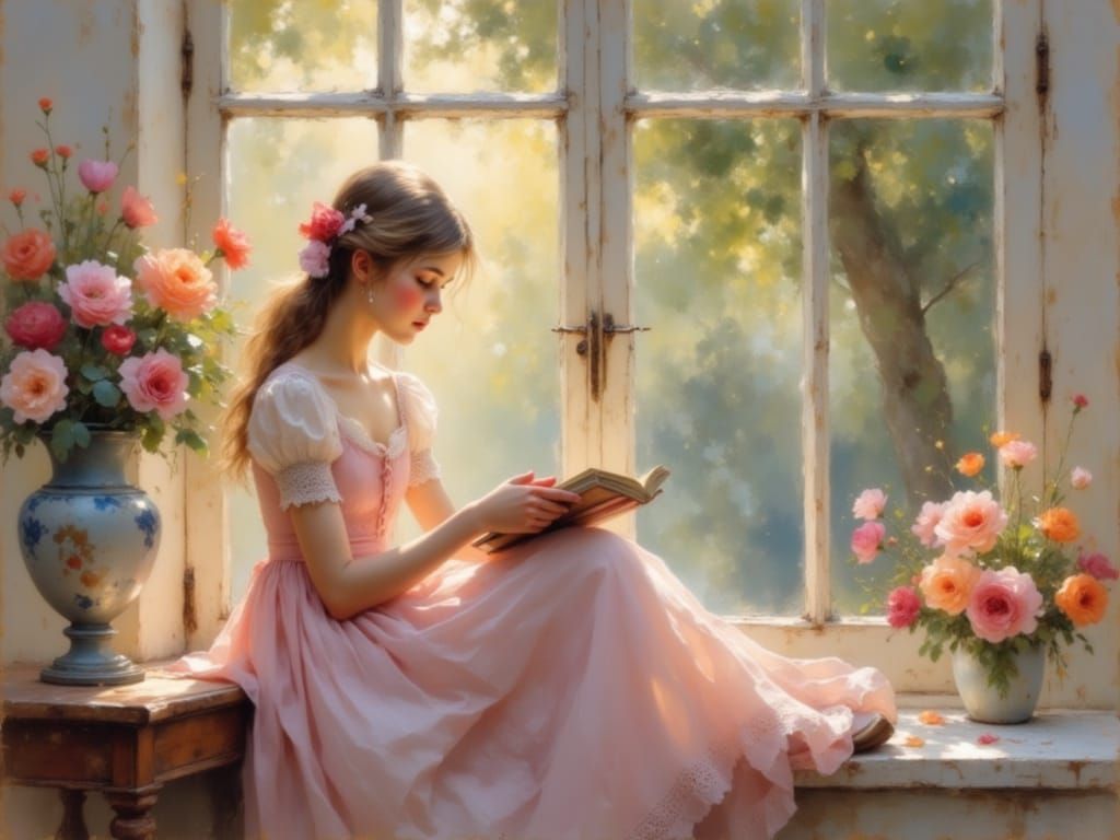 Girl Reading: Organic Impasto Oil Painting