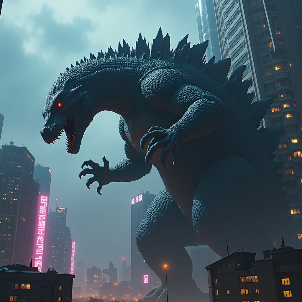 Godzilla's Victory: Scaling Cityscape with Ghidorah's Head