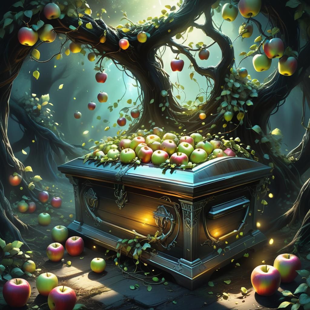 Glowing Apples in Casket: Epic Fantasy Concept Art