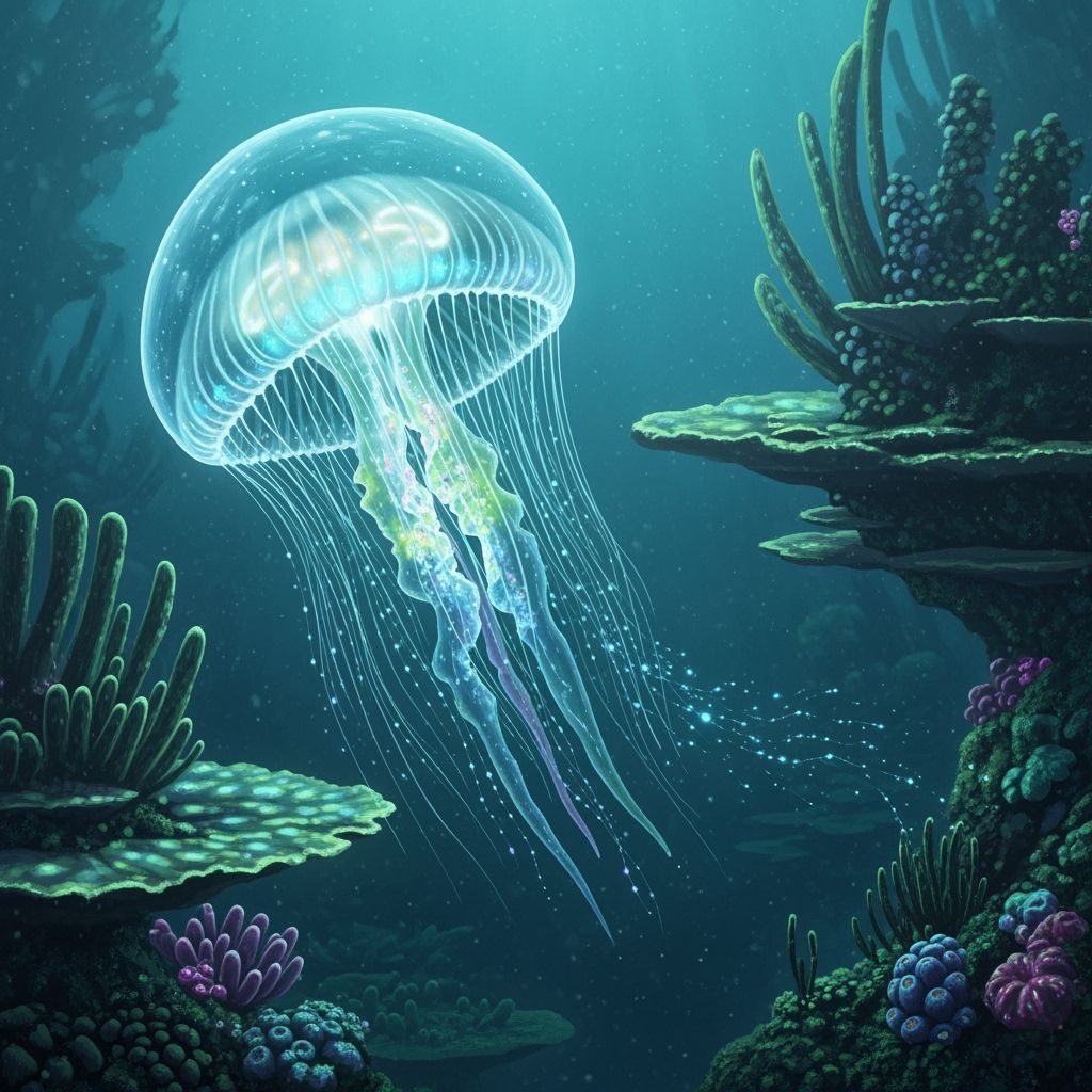 Bioluminescent Jellyfish Drifting Through Alien Ocean