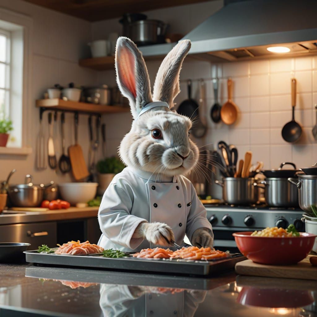 Rabbit Chef in Gourmet Kitchen: Hyper-Realistic Digital Art