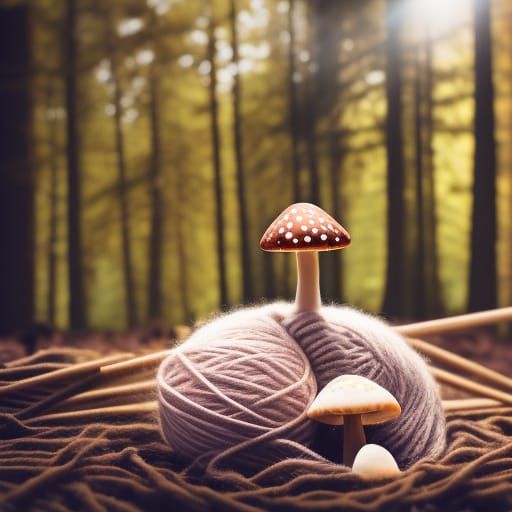 Yarn Ball Among Forest Mushrooms: Natural Light Photography