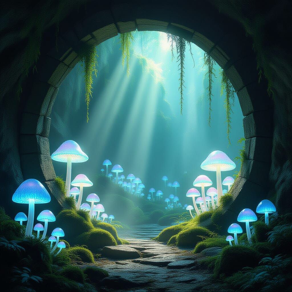Mossy Archway to Grotto with Luminous Mushrooms