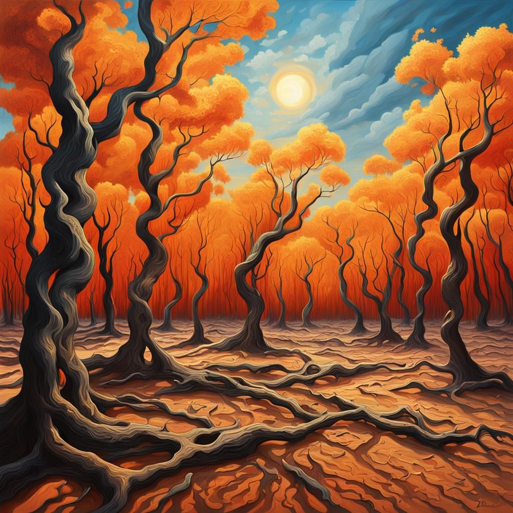 Desiccated Trees in Incinerated Landscape: Surreal Meltdown