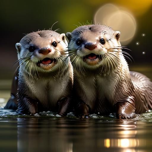 Playful Baby Otters in Golden Hour Light