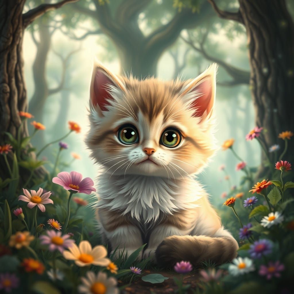 Whimsical Fantasy Kitten in Enchanted Forest