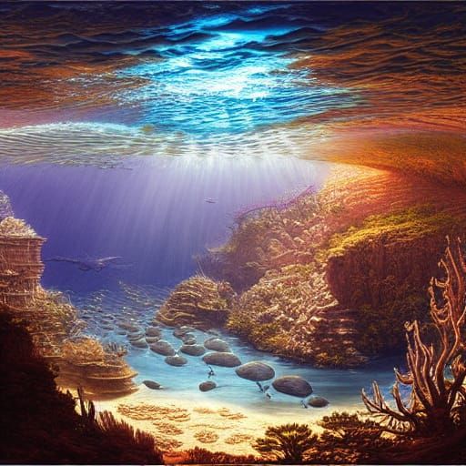 Devonian Ocean Life with Trilobites: Digital Matte Painting
