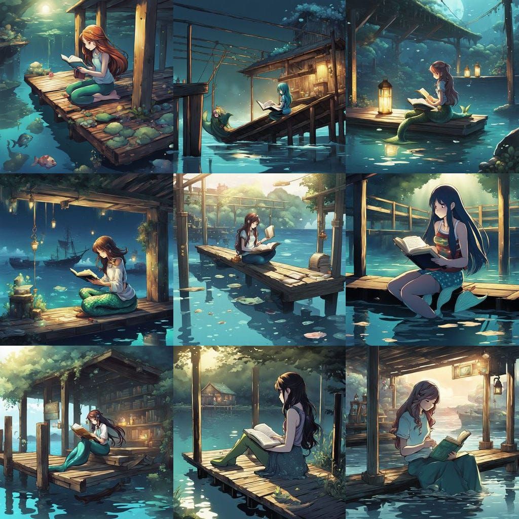 Mermaid Reading Under Dock in Anime Style