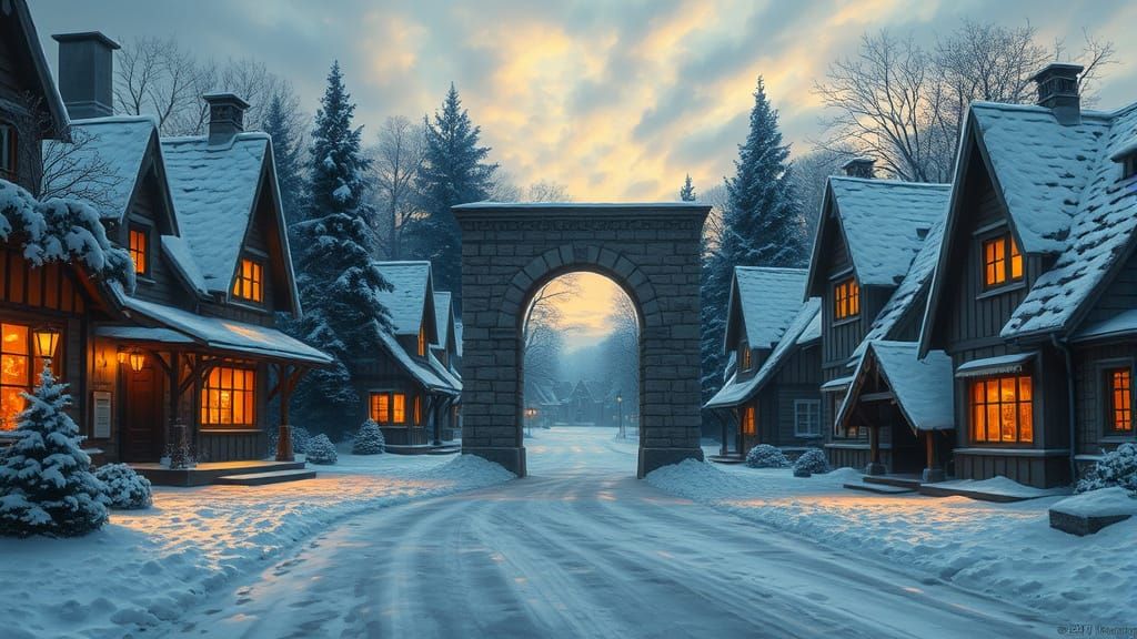 Snowy Village Portal in Neo-Impressionist Style
