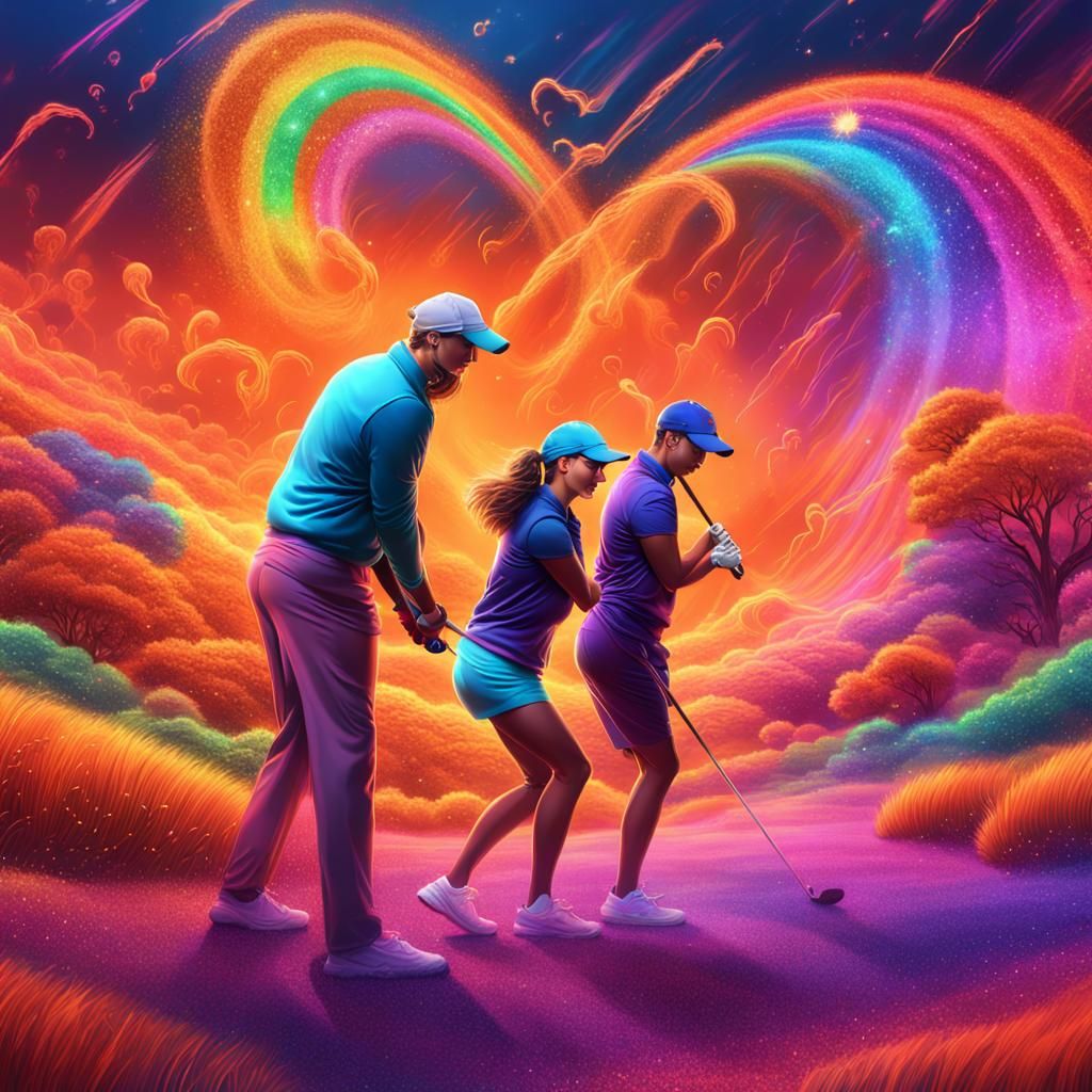 Neon Golfers in a Whirlwind of Rainbow Glitter