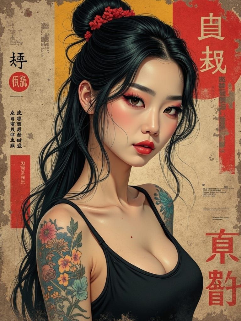 Vintage Asian Portrait: Distressed Poster with Kanji Tattoo