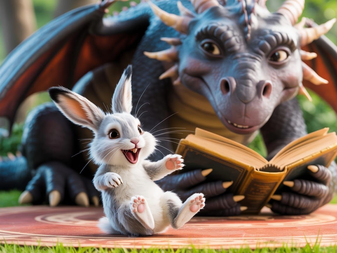 Dragon Reading to Laughing Rabbit: Whimsical Folk Tale