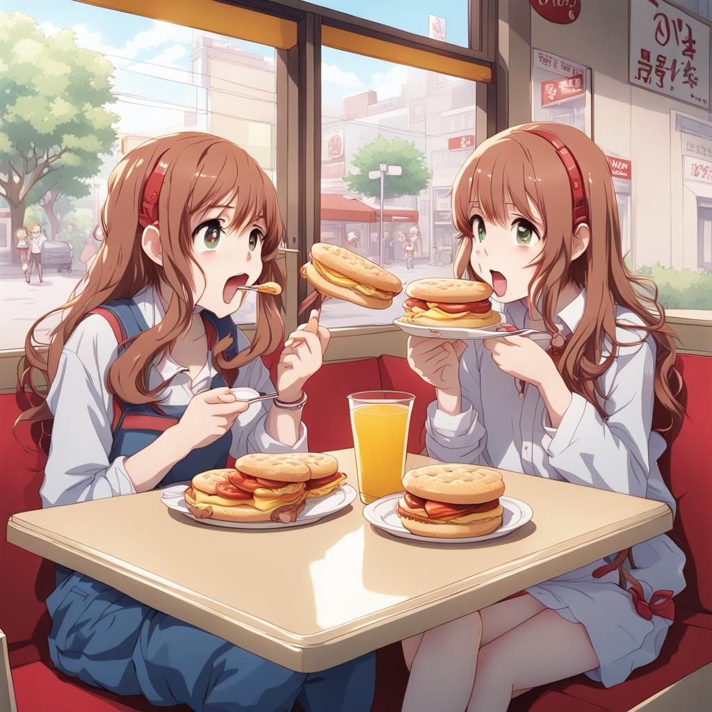 Girls Eating Breakfast Biscuits in Anime Style