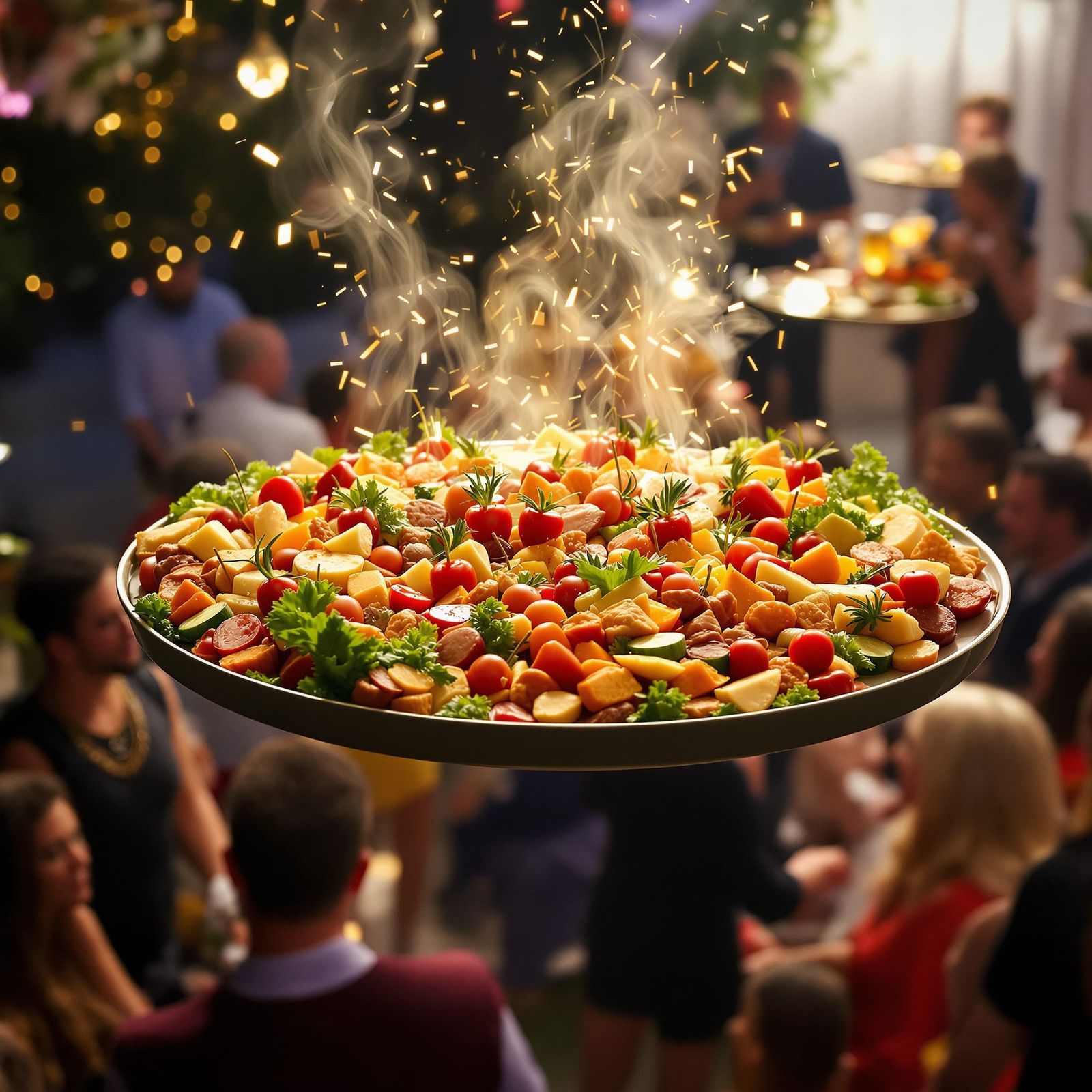 Magical Floating Food Platters at a Lively Party