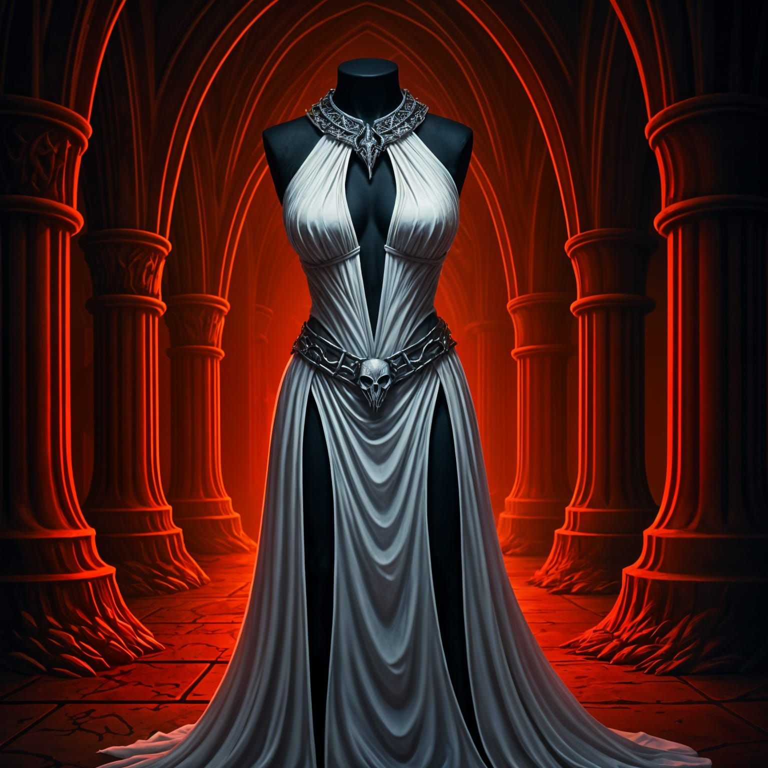 Revealing Lolth Priestess Gown in Crimson Underdark Chamber