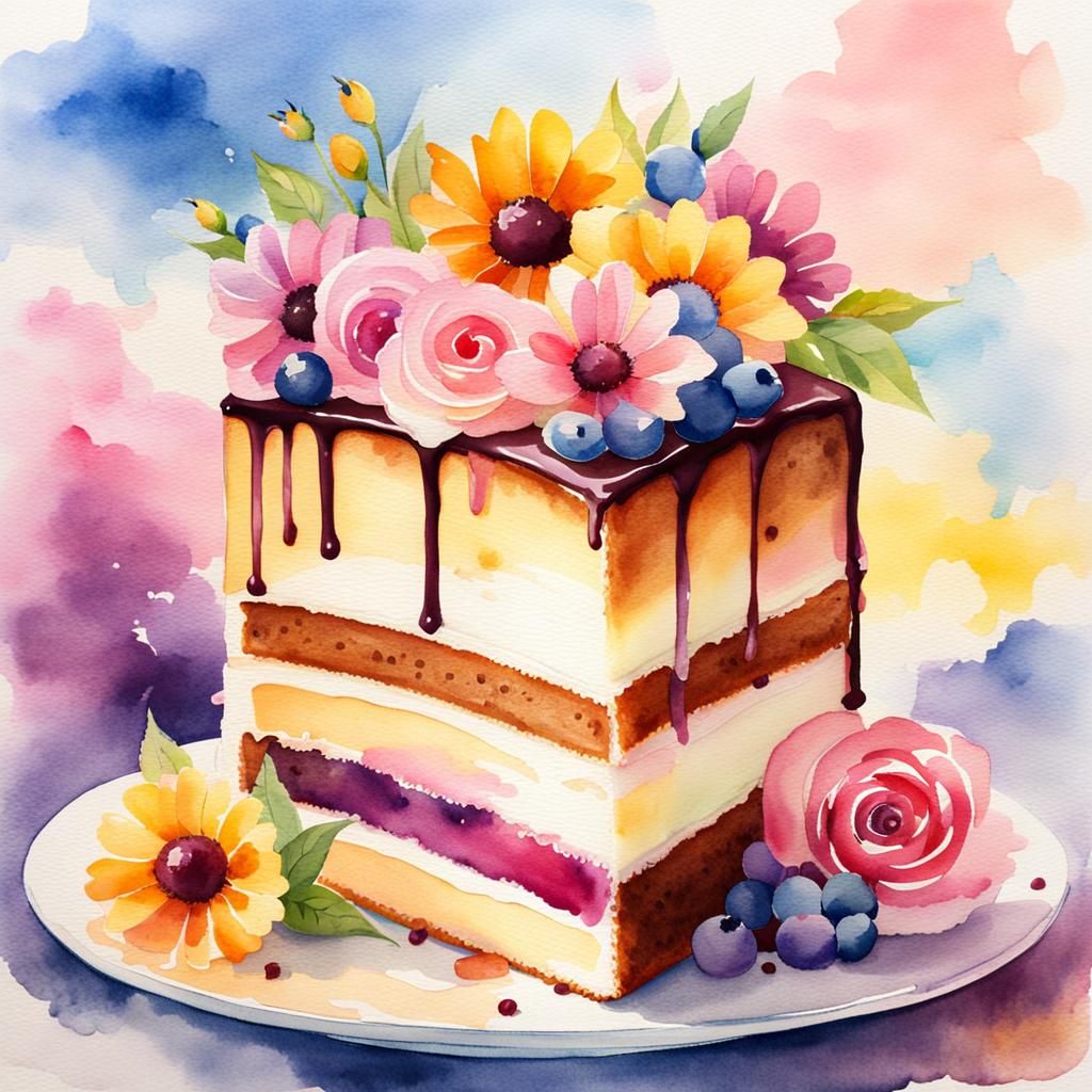 Watercolor Flowers Adorn Cake Slice in Sunlight