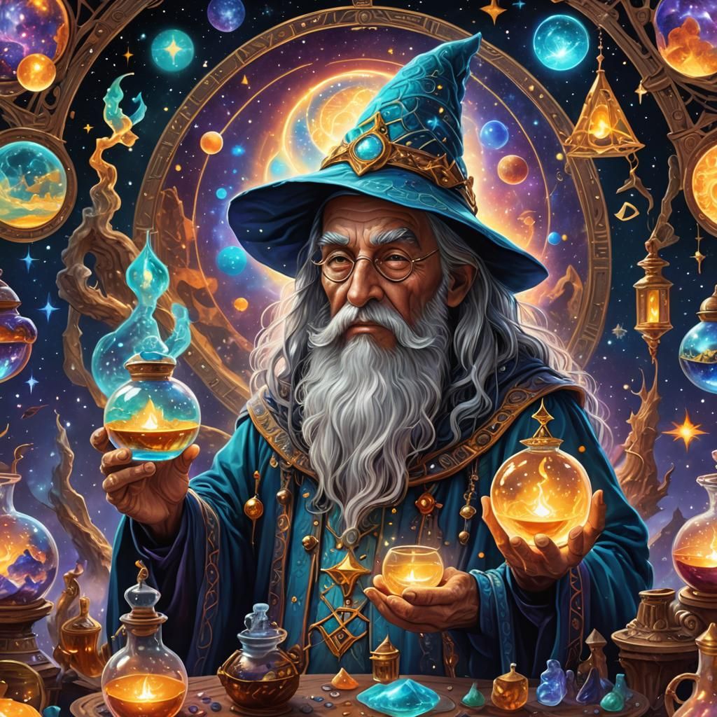 Wizard with Glowing Potion in Astral Illustration