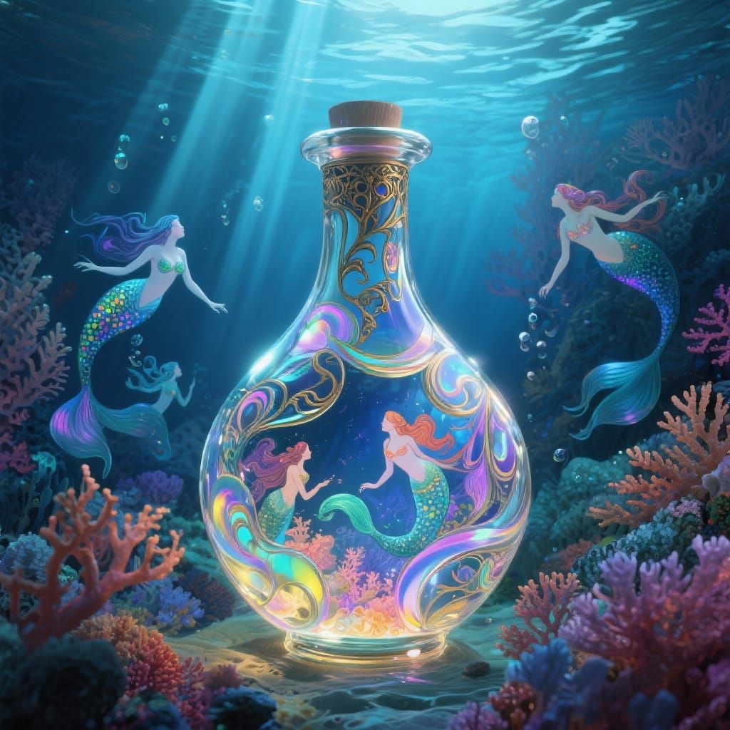 Art Nouveau Potion Bottle with Ethereal Underwater Scene