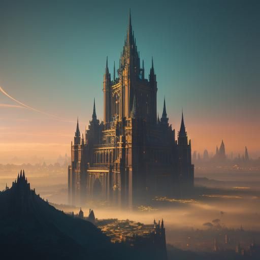 Majestic Fantasy Metropolis at Sunset: Art Nouveau Style