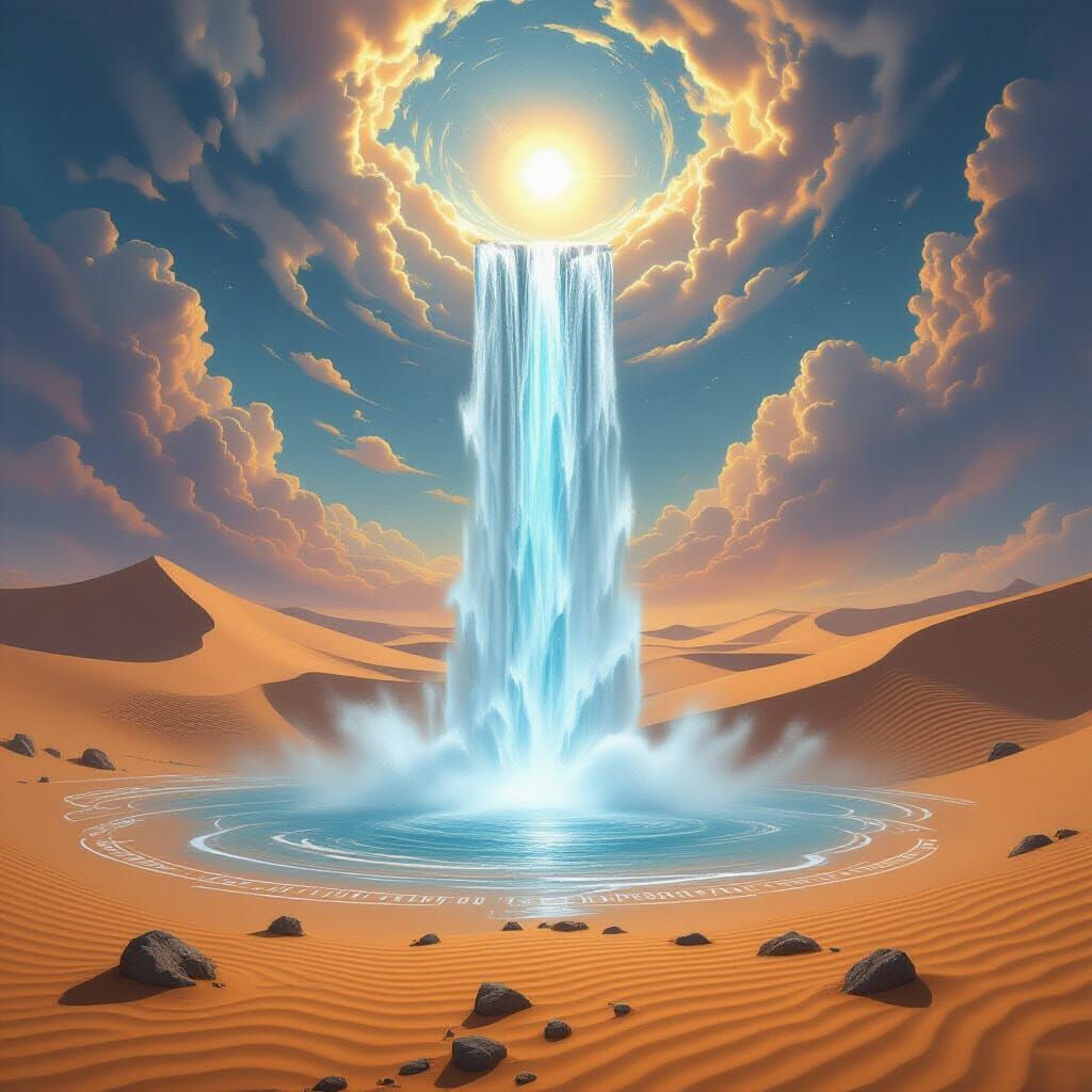 Gravity-Defying Waterfall in Mystical Desert Landscape